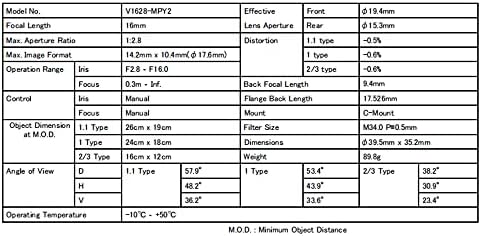 COMPUTAR CBC V1628-MPY2 1.1 16mm F2. 8 12 Megapiksel Makine Görüş Lens C-Montaj