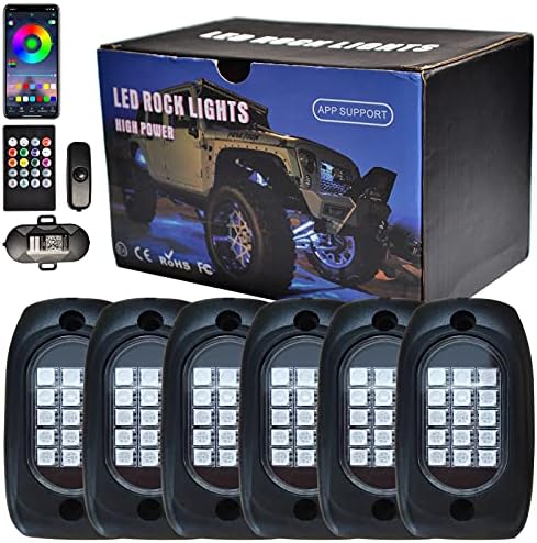 ALEXEX 6 adet LED RGB kaya ışık Neon Underglow Kiti, kamyonlar için kaya ışıkları APP / Tek Tuşla Anahtarı / Uzaktan Kumanda