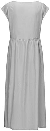 Plaj Elbiseleri Kadınlar için Kısa Kollu Vintage uzun Elbise Rahat O Boyun Güneş Elbise Katı Pamuk Keten yaz elbisesi