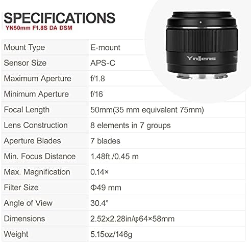 YONGNUO YN50mm F1.8S DA DSM APS-C Başbakan Lens Sony E Dağı Aynasız Fotoğraf Makineleri için