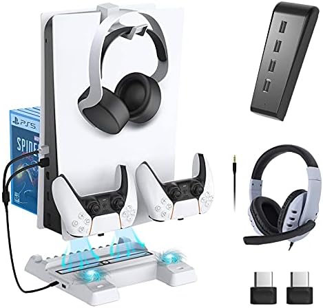 NexiGo PS5 Aksesuarları Temel Kiti, Kulaklık Tutucu ve Soğutma İstasyonu ile dikey stant, Aşırı Kulak Kulaklık, 4 Port Yüksek