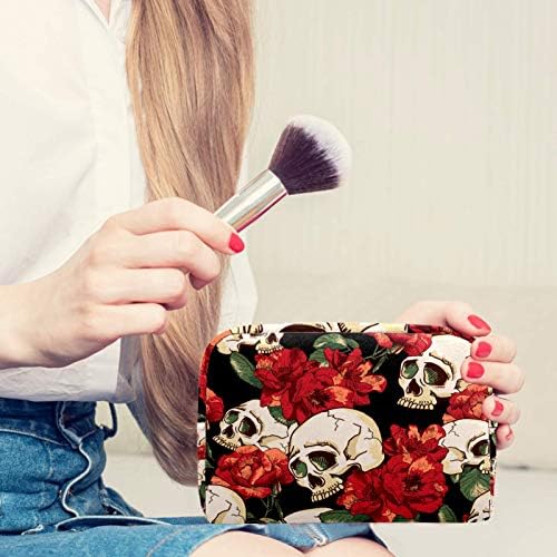 Büyük makyaj çantası Fermuar Kılıfı Seyahat Kozmetik Organizatör Kadınlar ve Kızlar için - Çiçek Kafatası Desen Sanat Vintage