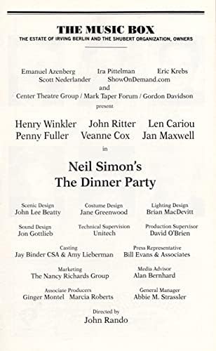 John Ritter AKŞAM yemeği PARTİSİ Henry Winkler / Jan Maxwell/Len Cariou/Penny Fuller / Neil Simon 2001 Broadway Playbill Bilet