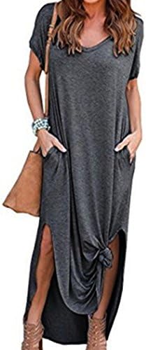 Shakumy Kadın Kısa Kollu V Boyun Düz uzun Elbise Rahat Gevşek Cepler Bölünmüş Maxi Elbise Yaz Plaj Tunik Güneş Elbise