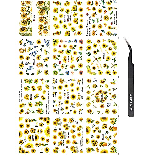 Tırnak Sanat Çıkartmalar, Feugole 12 Levhalar Su Transferi Tırnak Çıkartmaları Ayçiçeği Çivi Tasarım Kiti Sticker, Akrilik Tırnak
