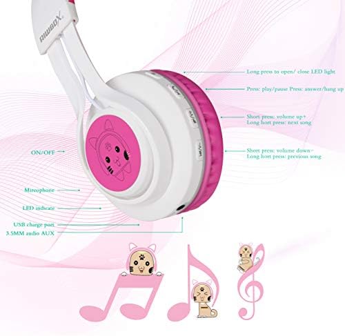 Bluetooth Kulaklıklar, Rıwbox CT-7 Kedi Kulak LED ışık Up Kablosuz Katlanabilir Kulaklıklar için Mikrofon ve Ses Kontrolü ile
