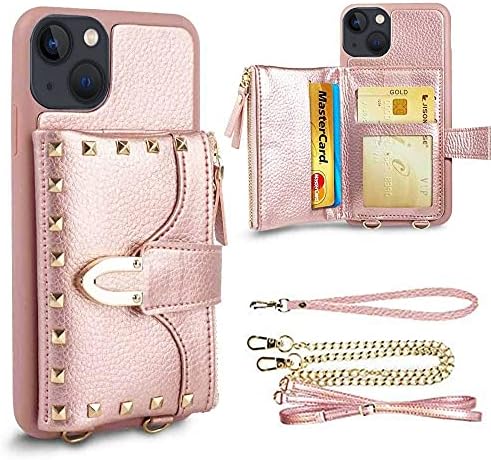 ZVE Cüzdan Kılıf ile Uyumlu iPhone 13, RFID kart tutucu Kılıf ile Crossbody Kayış Deri Çanta Kılıf için Kadın Koruyucu Kılıf