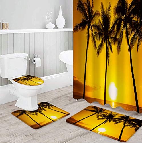 COLORSUM 4 Parça Duş Perde Seti ile Kaymaz Kilim, Tuvalet Kapağı, Banyo Paspas Günbatımı Tropikal Plaj Palmiye Ağaçları Huzurlu