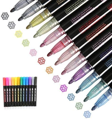 Çift Hat Anahat Kalemler, Vurgulamak için İşaretleyici Kalem, 12 Renkler Öz-Anahat Metalik İşaretleyiciler Glitter Yazma Çizim